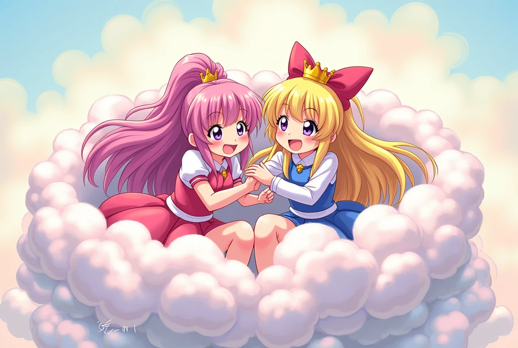 An anime-style illustration depicting princesses playfully wrestling with each other inside a pink comical fight cloud (dust cloud).
each princess has different colored hair.
their faces,hands,and feet are visible emerging from the cloud as they tussle humorously, with the rest of their bodies completely hidden inside the cloud.
the illustration emphasizes the humorous and energetic nature of their scuffle,with a fluffy and exaggerated fight cloud.