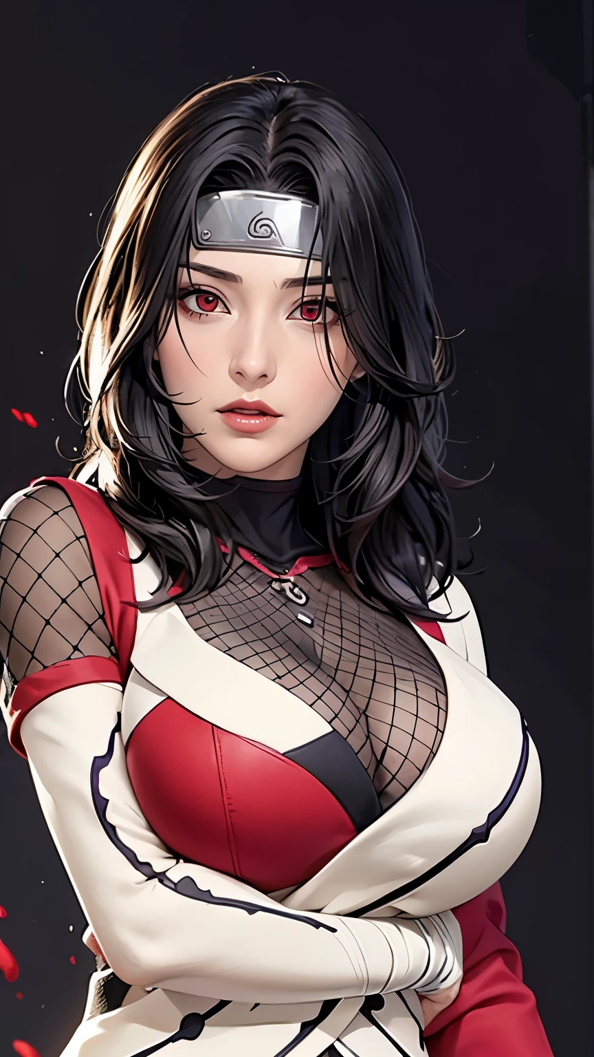 (((Perfect figure,figure,forehead protector,bandaged hand,konohagakure symbol,fishnets,Red single sleeve,White striped clothes,(((Kurenai Yuhi, black hair, red eyes, long hair,makeup,red eyes,lipstick,)))型figure:1.7))),((masterpiece)),high resolution, ((Best quality at best)),masterpiece,quality,Best quality,((( Exquisite facial features,looking at the audience,There is light in the eyes,Happy,nterlacing of light and shadow,huge boobs))),(((looking into camera,black background,)))