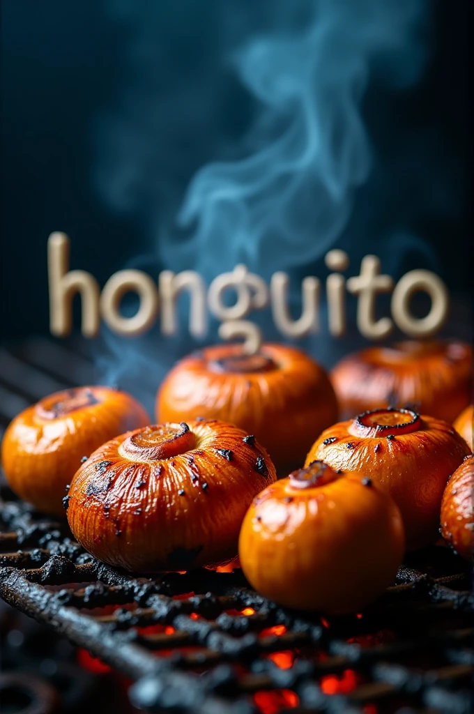 Conor&#39;s grill mushroom Orange with dark blue containing the word honguito on a barbecue grill