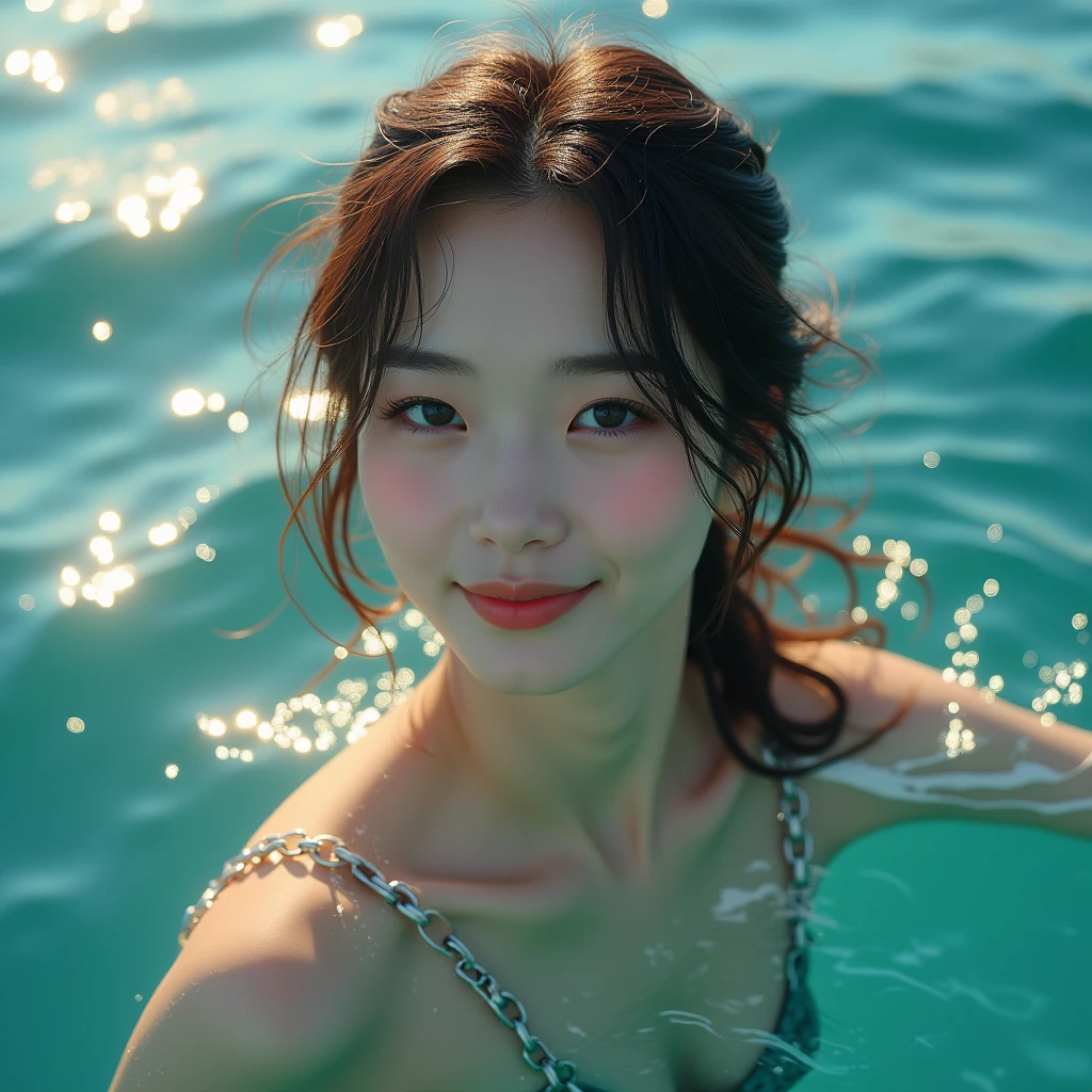 High resolution of a brown-haired Japanese woman swimming in the ocean with a shy smile inviting you to swim with her, masterpiece, Anatomically correct, Highest quality, High detail, Textured skin, Ultra-detailed, Cinematography, no make up, clear shiny sun light