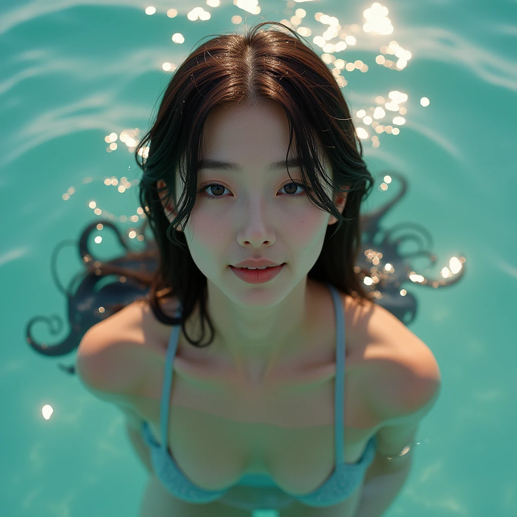 High resolution of a brown-haired Japanese woman swimming in the ocean with a shy smile inviting you to swim with her, masterpiece, Anatomically correct, Highest quality, High detail, Textured skin, Ultra-detailed, Cinematography, no make up, clear shiny sun light