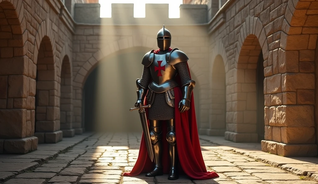 A Templar knight in full armor standing in a medieval castle courtyard, holding a sword with the Templar cross on his chest. The background features ancient stone walls, with sunlight streaming through arches, creating a dramatic effect. The knight’s armor is shining, with intricate details visible on the metal and cloth