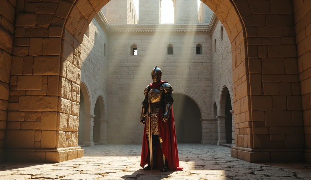 A Templar knight in full armor standing in a medieval castle courtyard, holding a sword with the Templar cross on his chest. The background features ancient stone walls, with sunlight streaming through arches, creating a dramatic effect. The knight’s armor is shining, with intricate details visible on the metal and cloth