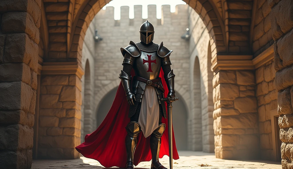 A Templar knight in full armor standing in a medieval castle courtyard, holding a sword with the Templar cross on his chest. The background features ancient stone walls, with sunlight streaming through arches, creating a dramatic effect. The knight’s armor is shining, with intricate details visible on the metal and cloth