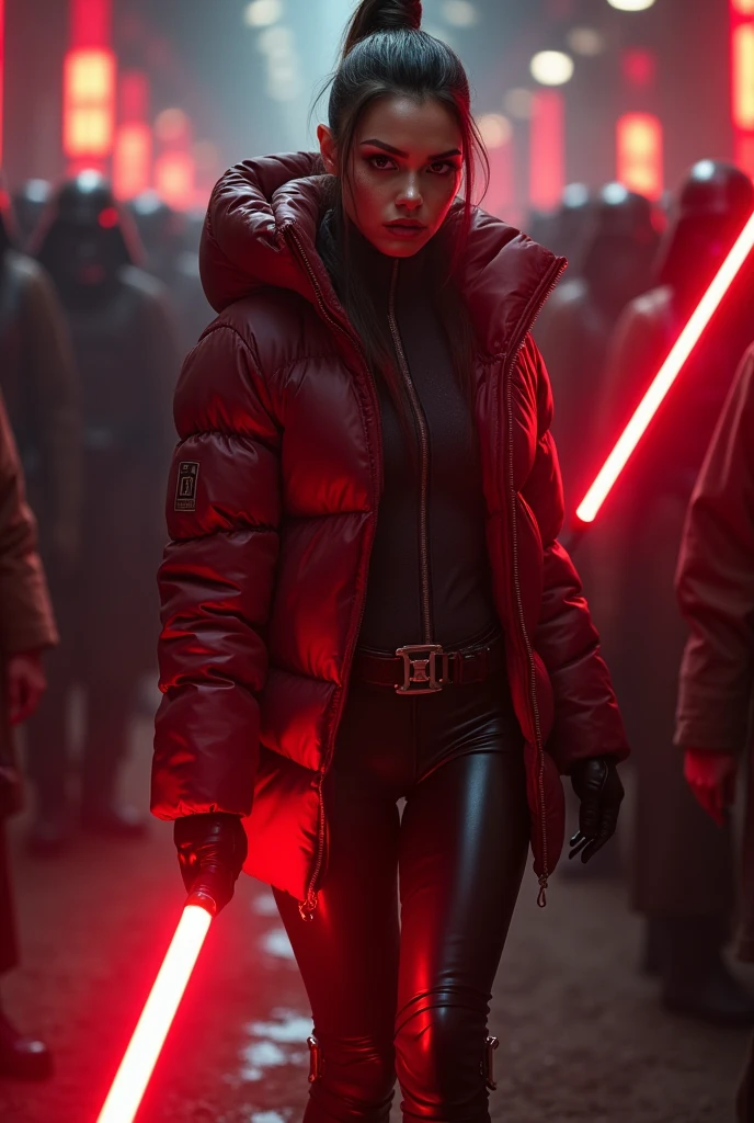  a slim ponytail  angry sith wielding her bright lightsaber, she is walking in room full of jedi,beautiful detailed bright red-colored eyes,beautiful freckles,beautiful detailed lips,extremely detailed eyes and face,longeyelashes, wearing beautiful detailed skintight airtight covering-head hooded armored formfitting duvetica overfilled overinflated shiny hyper gleamy  thick hyper glossy puffervest covering on her padded high-collared pufferjacket, glossy latex  leggings,symmetrical,masterpiece,cinematic,lifelike,hyperrealistic,8k,photorealistic,highly detailed,intricate,exquisite,elegant,beautiful,stunning