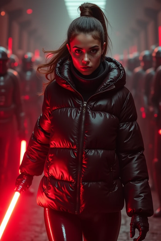 a slim ponytail angry sith wielding her bright lightsaber, she is walking in room full of jedi,beautiful detailed bright red-colored eyes,beautiful freckles,beautiful detailed lips,extremely detailed eyes and face,longeyelashes, wearing beautiful detailed skintight airtight covering-head hooded armored formfitting duvetica overfilled overinflated shiny hyper gleamy thick hyper glossy puffervest covering on her padded high-collared pufferjacket, glossy latex leggings,symmetrical,masterpiece,cinematic,lifelike,hyperrealistic,8k,photorealistic,highly detailed,intricate,exquisite,elegant,beautiful,stunning