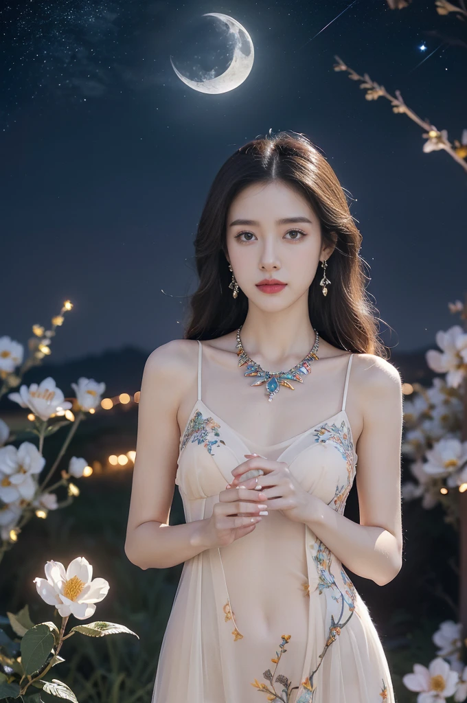 (((best quality))),(((ultra detailed))),(((masterpiece))),illustration,((1 beautiful girl,solo)),(long straight bob:0.8),((earrings,crystal necklace)),((slim,thin)),((small breasts,flat chest)),(stockings:1.3),(a moon in the clear night sky as the background:1.3), gentle glow,(Standing in the world full of vibrant flowers:1.3),(gorgeous sheer Chinese dress:1.3),sparkling eyes,graceful,(surrounded by colorful flowers:1.5), kaleidoscope, shimmer,bright moonlight, delicate petals, fragrance, otherworldly, magical realm, enchantment, tranquility, essence of beauty, peace,(outdoor:1.),(night scene:1.3),((from front,upper body))