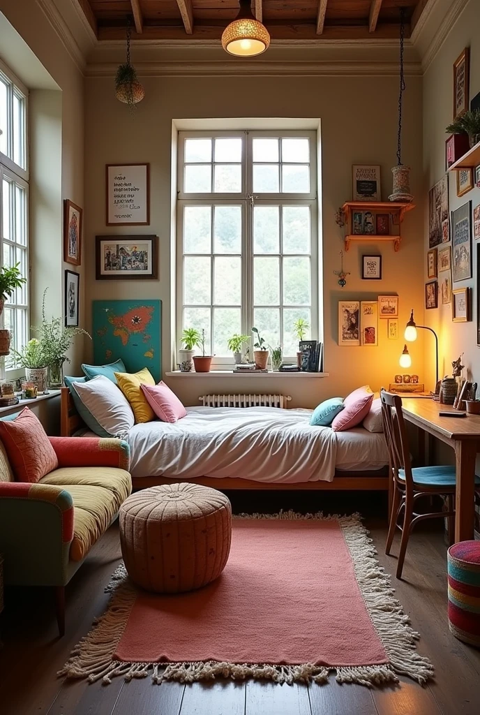 Create a cozy and fun bedroom that represents ENFP personality show the entire room and make it's big