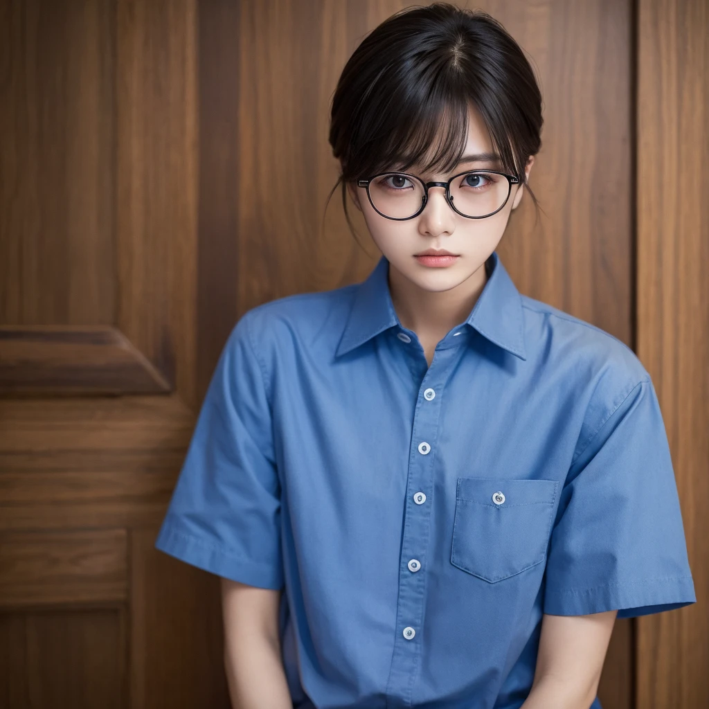 Highest quality、Masterpiece、Androgynous male、Female、Handsome Short、Glasses、Blue Shirt