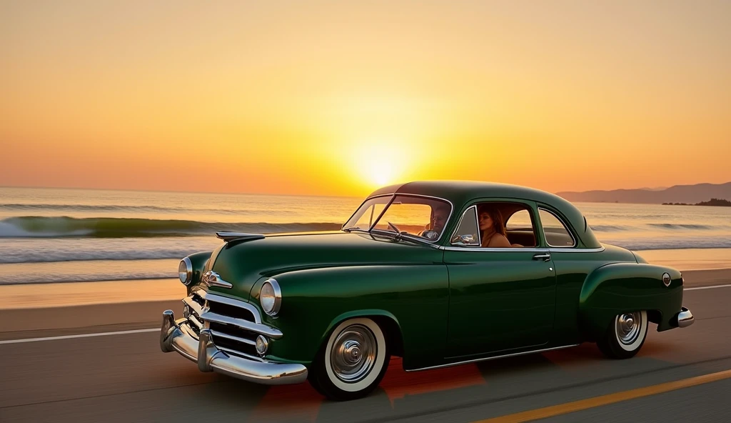 1952 dodge coupe Dark green at the Malibu beach with a sunset, a beautiful blonde woman driving,
