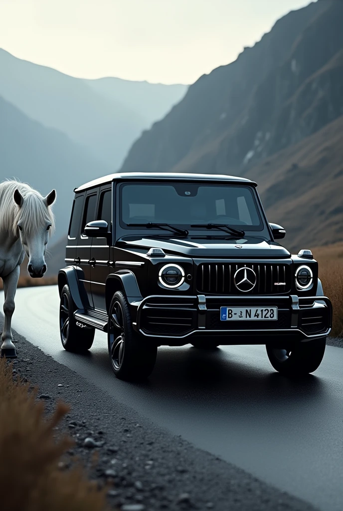 Make a 8k wallpaper of Gwagon G63 in side pose in black with white horse in front of g wagon and road background asthetic