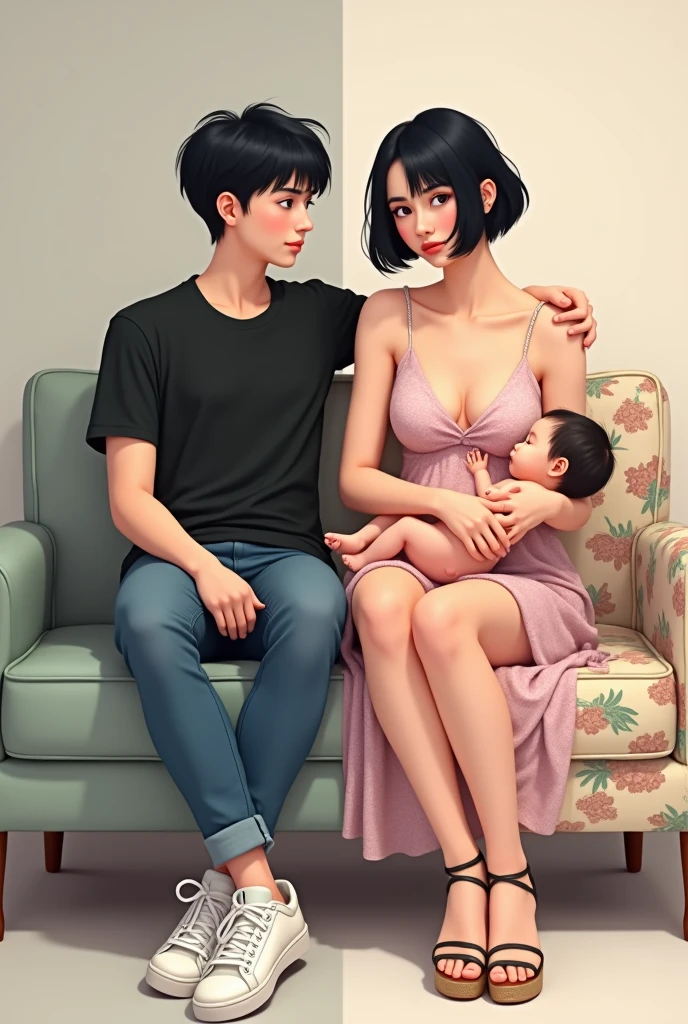 Create a split image of the same boy with short black hair, face and androgynous body on one side wearing a black t-shirt, jeans and white sneakers sitting naked on the sofa on the other side the same boy wearing a pink floral dress with thin straps and wedge sandals on his feet sitting on a sofa breastfeeding a on his chest