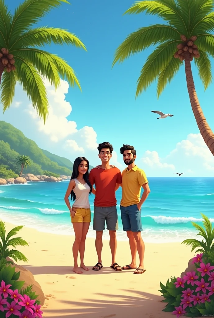 Three friends are standing on a beautiful beach. There names are taran, taj and arsh.