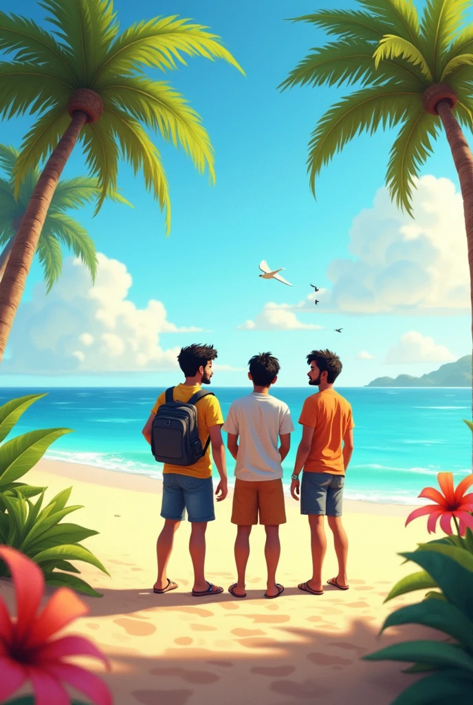 Three friends are standing on a beautiful beach. There names are taran, taj and arsh. 