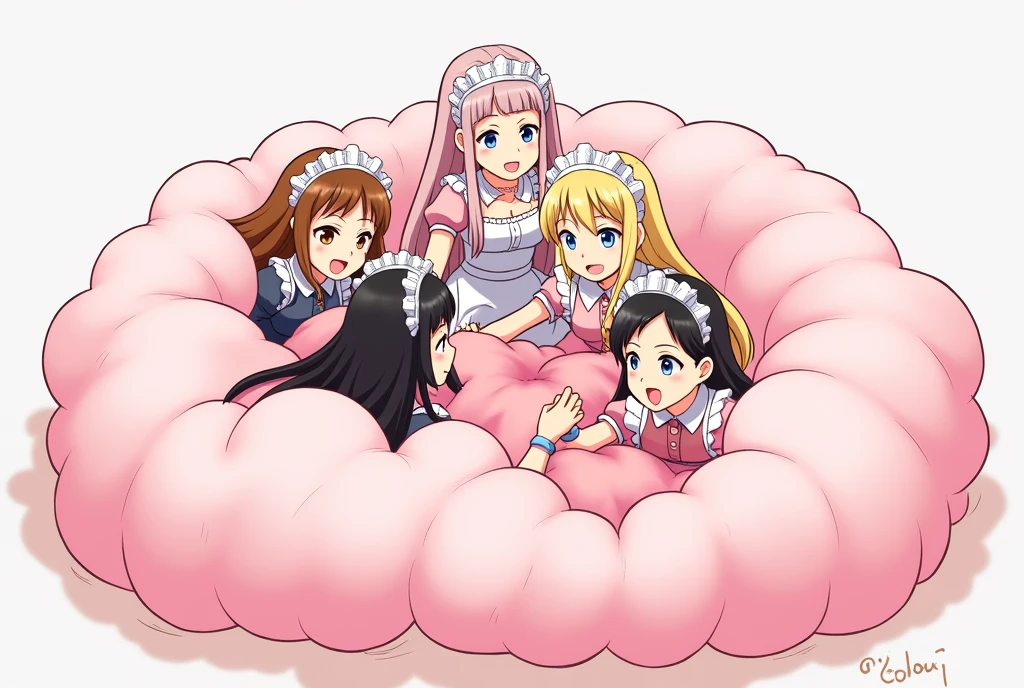 An anime-style illustration depicting maids and princess playfully wrestling with each other inside a pink comical fight cloud (foam cloud).
each maid has different  colored hair.one princss with blonde long braided and blue-eyes and pink-dress.
their faces,hands,and feet are visible emerging from the cloud as they tussle humorously,  with the rest of their bodies completely hidden inside the cloud.
the illustration emphasizes the humorous and energetic nature of their scuffle,with a fluffy  and exaggerated fight cloud.