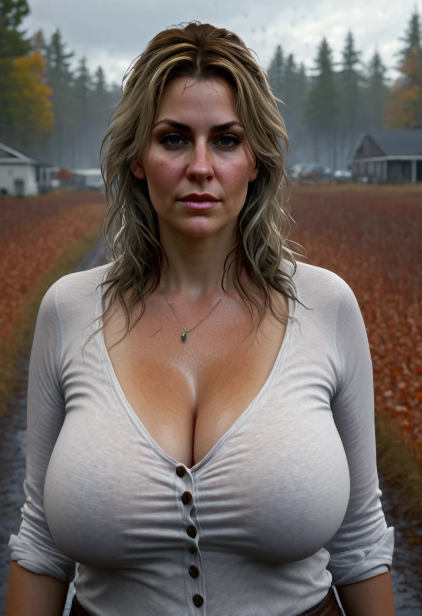 (best quality:1.3), (8K, RAW photo), (realistic, photo-realistic:1.3), high-resolution, ultra-detailed, highly detailed, extremely intricate, film grain, sharp focus, (photo of a 45 year old mature chubby Dutch female, housewife:1.5), detailed face, detailed eyes, (wearing shorts, no shirt:1.5), (pendulous breasts:1.4), (highly detailed skin texture:1.3), chubby, wide hips, overweight, (full body), standing in a field, looking at viewer, perfectly-centered, electric lighting, frontlight, (field background:1.3),  (a 45 year old mature Dutch female), pretty face, bleach blonde short hair