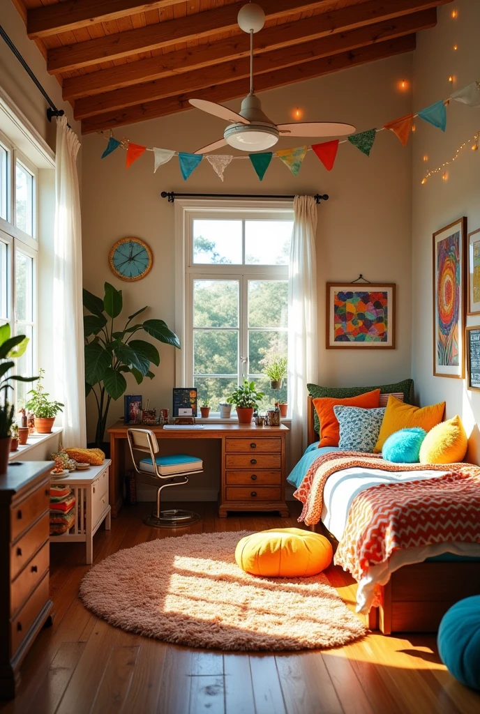Create a cozy and fun bedroom that represents ENFP personality show the entire room and make it's big