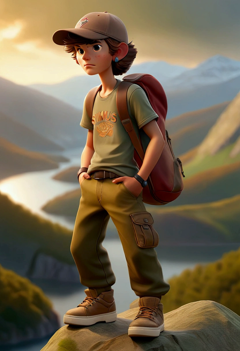 a young man wearing a t-shirt that says 'SiMus', baseball cap, cargo trousers, boat shoes, playing electric guitar, like a pro, standing on top of a mountain, lake below, dramatic lighting, realistic, detailed, cinematic, epic landscape, fog, golden time, warm colours, bright, highly detailed