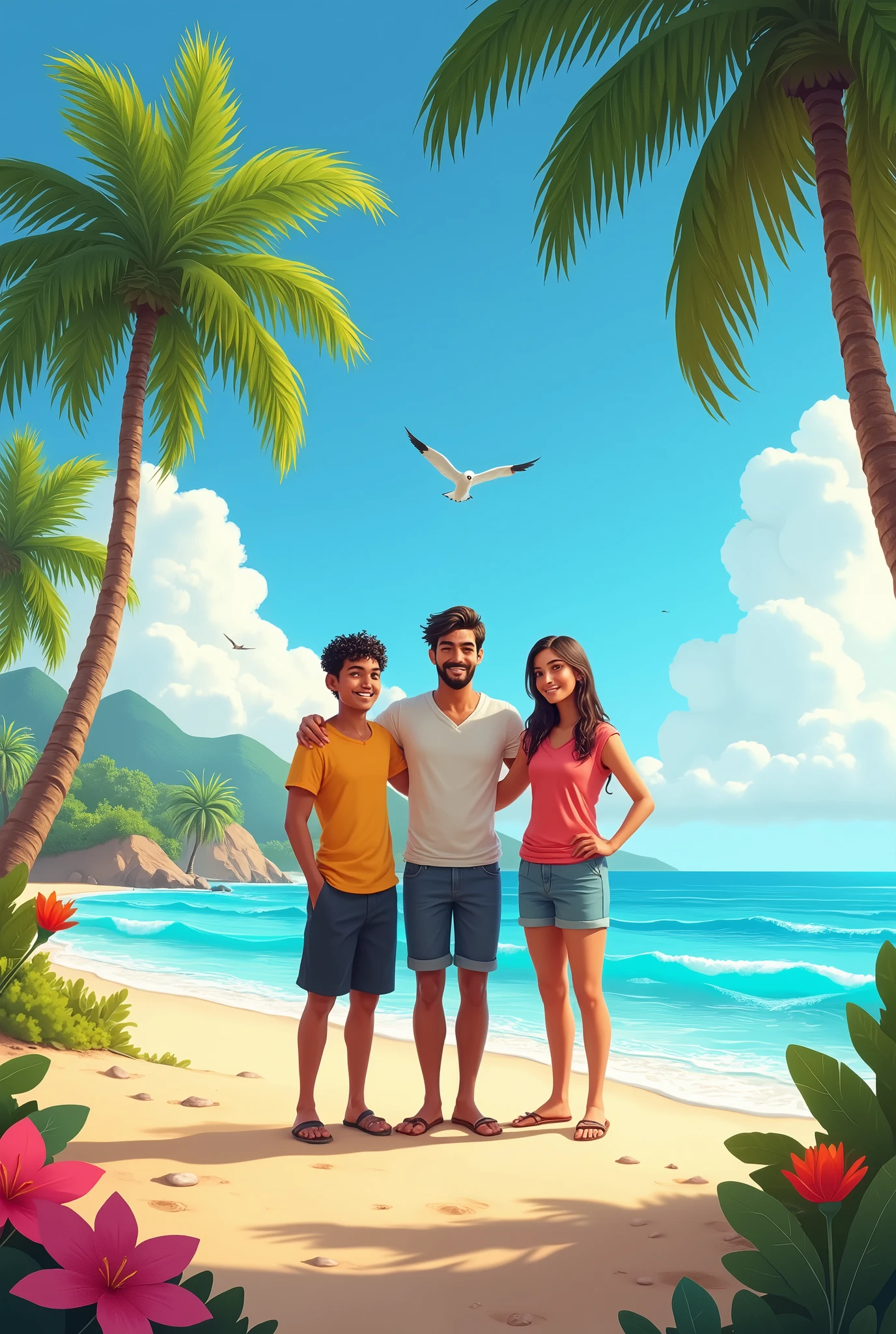 Three friends are standing on a beautiful beach. There names are taran, taj and arsh.