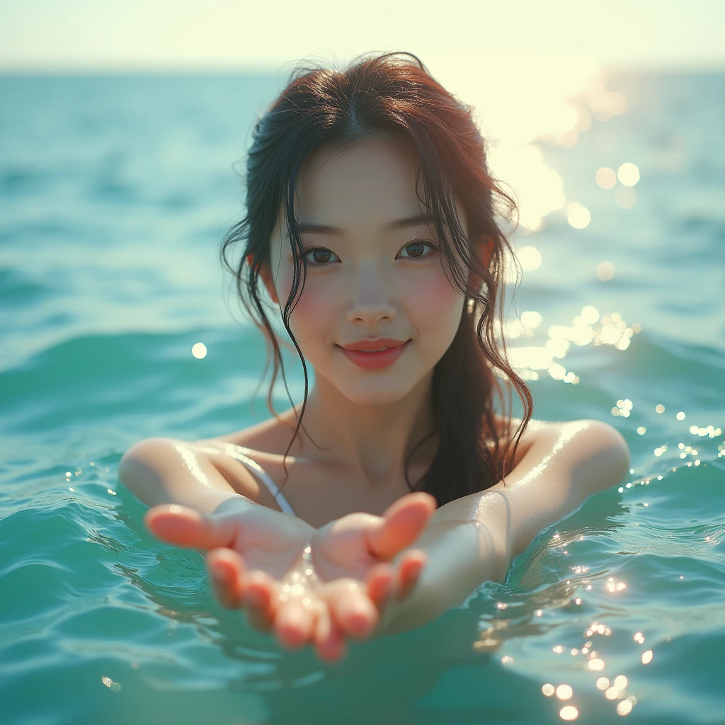 High resolution of a brown-haired Japanese woman swimming in the ocean with a shy smile inviting you to swim with her, masterpiece, Anatomically correct, Highest quality, High detail, Textured skin, Ultra-detailed, Cinematography, clear shiny sun light 