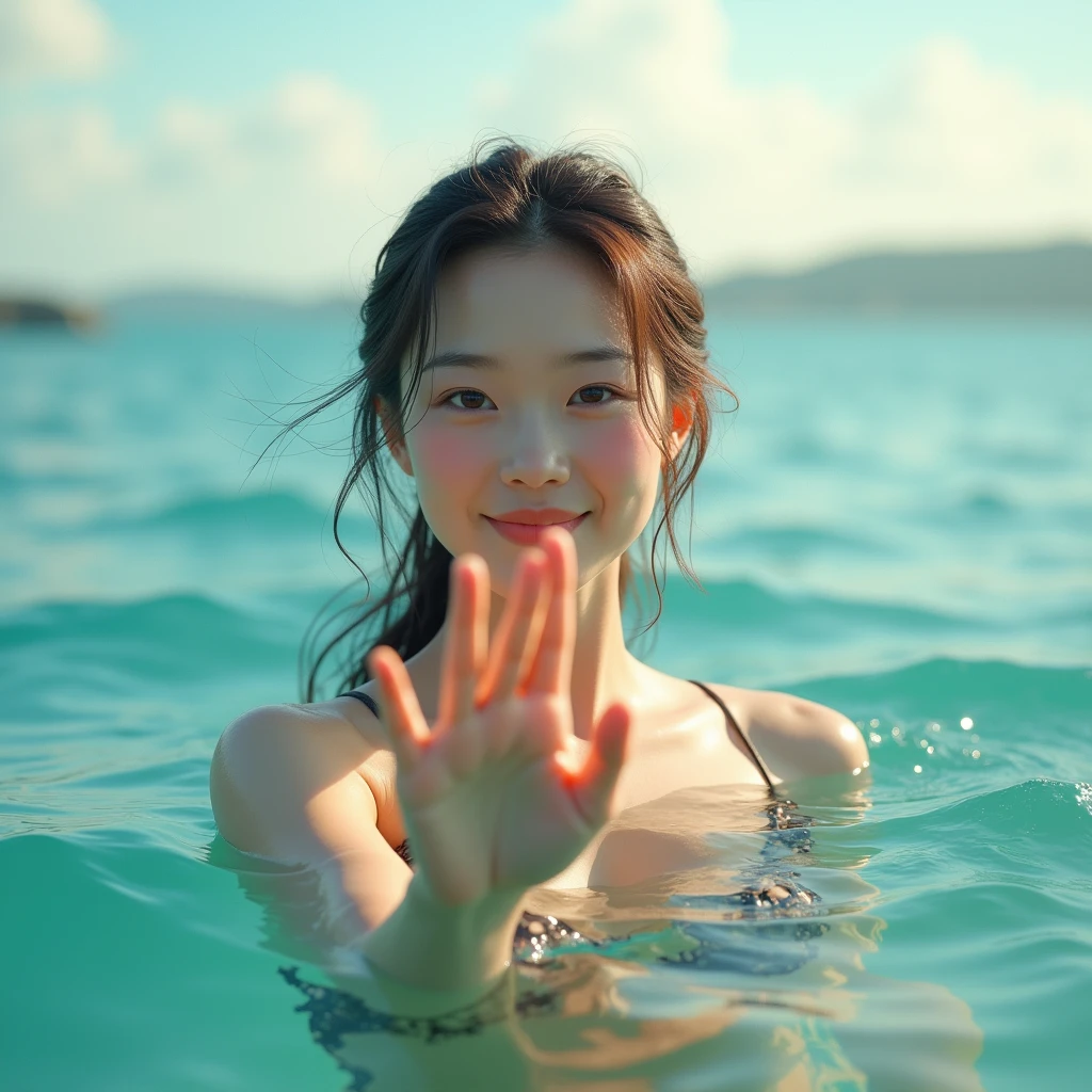 High resolution of a brown-haired Japanese woman swimming in the ocean with a shy smile inviting you to swim with her, masterpiece, Anatomically correct, Highest quality, High detail, Textured skin, Ultra-detailed, Cinematography, clear shiny sun light