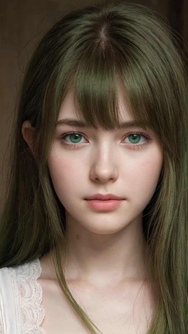 a girl. European. Extremely detailed face. Oval face. Delicate facial features. Half-closed eyes. Long straight hair. Messy hair. Bangs. Green hair. Green eyes. Pensive. Melancholic. Ethereal. Innocent. smile