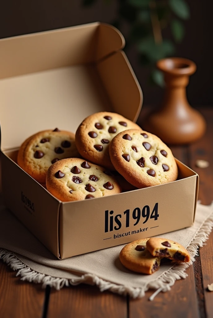 Box of chocolate chip cookies on a table, with the brand called lis1994 biscuit maker