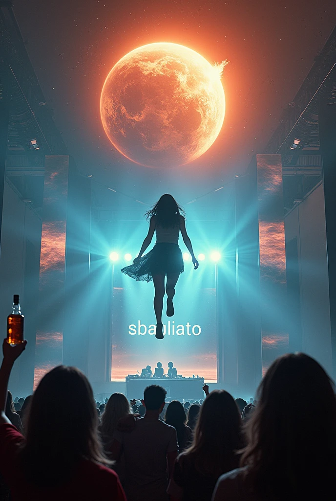 Video of a Woman&#39;s Look in the Background, while a woman fell from space into an electronic music concert and with the word of Sbagliato on the concert screens, while a planet explodes and a bottle of whiskey is opened by a DJ in the middle of a concert 