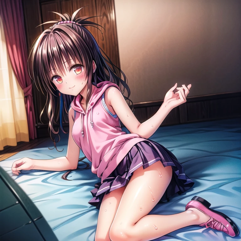 realistically, glowing eyes, ponytail, white short skirt, extra short skirt, Blush, daytime, Wet from the rain, see through, sleeveless shirt, pussy, lying down, skirt lift, mikan yuki, the skirt is flipped up, smug, sly, highest quality, High resolution, highly detailed face, perfect lighting, Very detailed CG, perfect hands, perfect figure, perfect anatomy, seduce expression, semen drip from pussy, bottomless, tying hair, armpit, athletic figure, full body view, bedroom background,(((sleeveless pink hoodie, pleated white skirt, tying hair, see through))), holding panty,