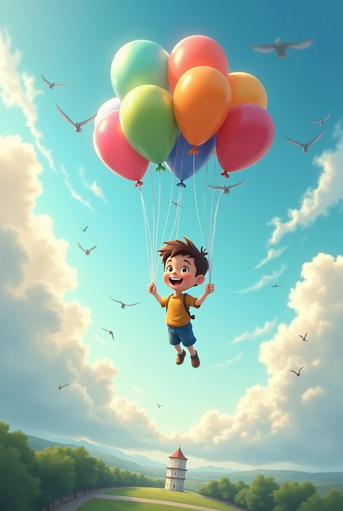 Max the  was flying with balloons very high, tied on his waist spotting a flock of birds flying over clouds.: But as he chased the birds, the balloons carried him higher and higher! Max giggled but also began to feel a little scared.Soon, he found himself sitting on a fluffy cloud. “What a view!” he said, looking down at the tiny park below.
