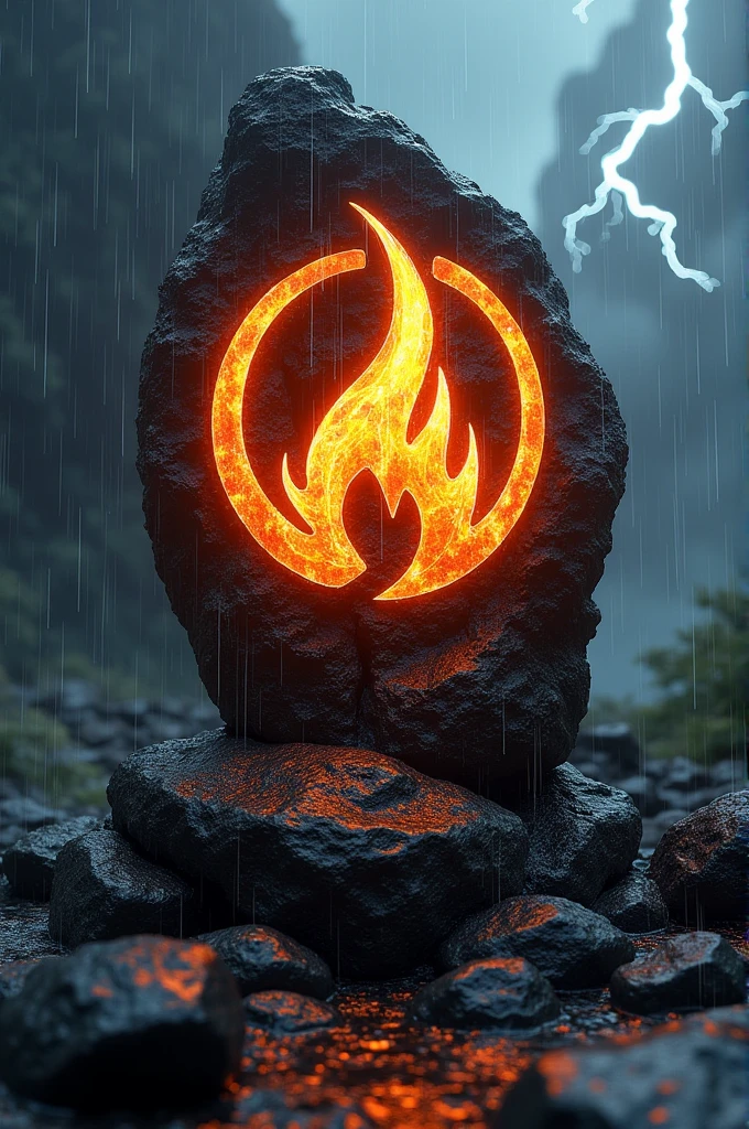 Fire symbol on black rock with heavy rain and thunder weather