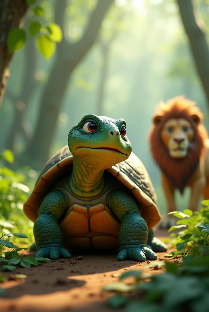 In cinematic 3D cartoon style,The Blinking Turtle's Idea:
"Blinking Turtle, although a little slow, was very intelligent. He said, 'I will dig a pit to block the lion's path. When the lion comes, he will fall into the pit.'"