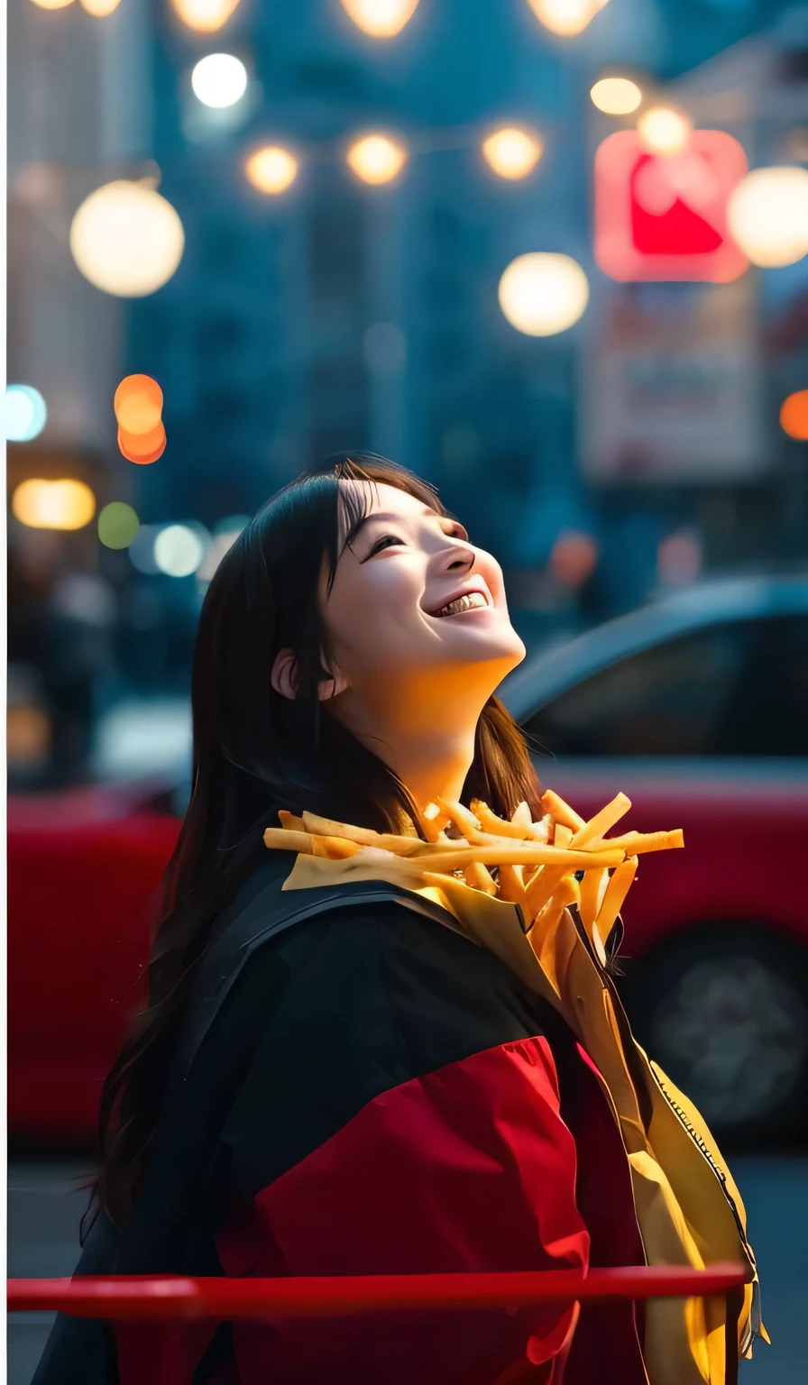 visual: Night in the City、A woman looks up at the floating fries with amusement。A dim light shines in the background.、In front of her「AI ❤️ ポテト」The letters are floating。
Camera Motion: The camera captures her bright smile and、Zoom in on the floating potatoes、The blurred background adds warmth to the scene。Fun and lively atmosphere。