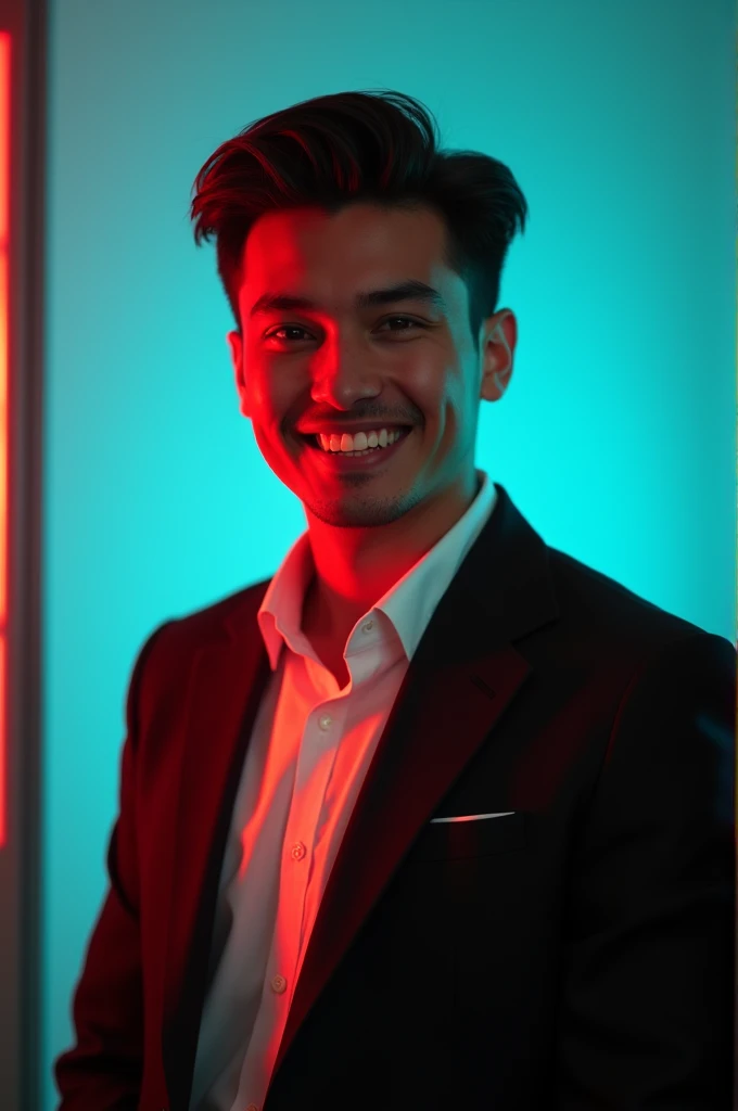 A young man with dark hair and a confident smile. He is dressed in a black blazer over a white shirt. The man is positioned against aqua colour backdrop with a subtle red lighting on the left side. and he posing for Linkedin profile