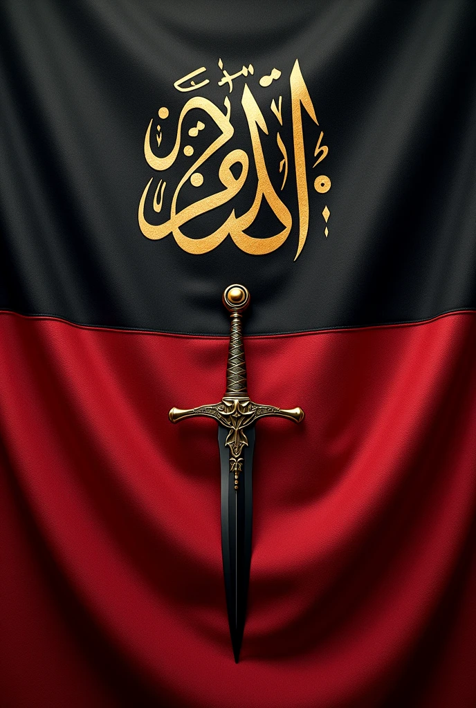 Create a new flag that it's colour is black red and gold with a shahadah on it and sword