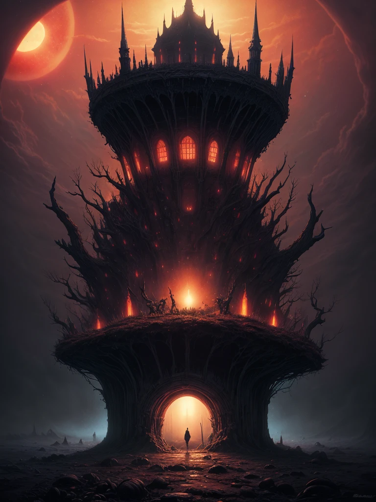 Zdzisław Beksiński style, horror,  the night light is now rising, the midnight sun shines majestically beautiful through the night fog, psychedelic starry sky with dreamy mushrooms