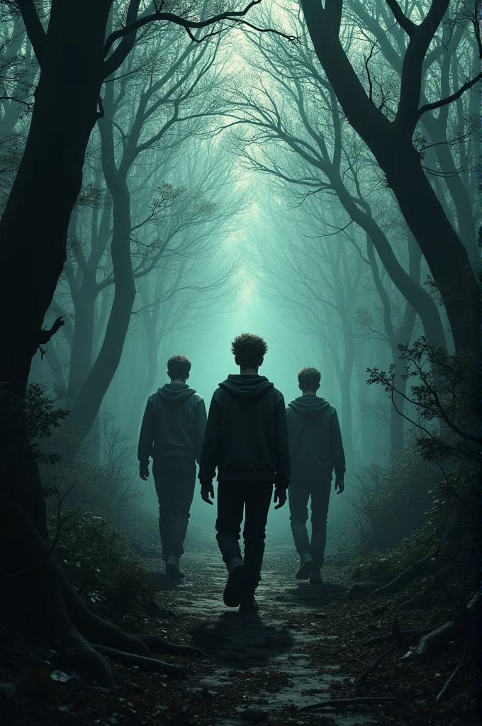 Seen from behind 3 young men wandering in a creepy forest