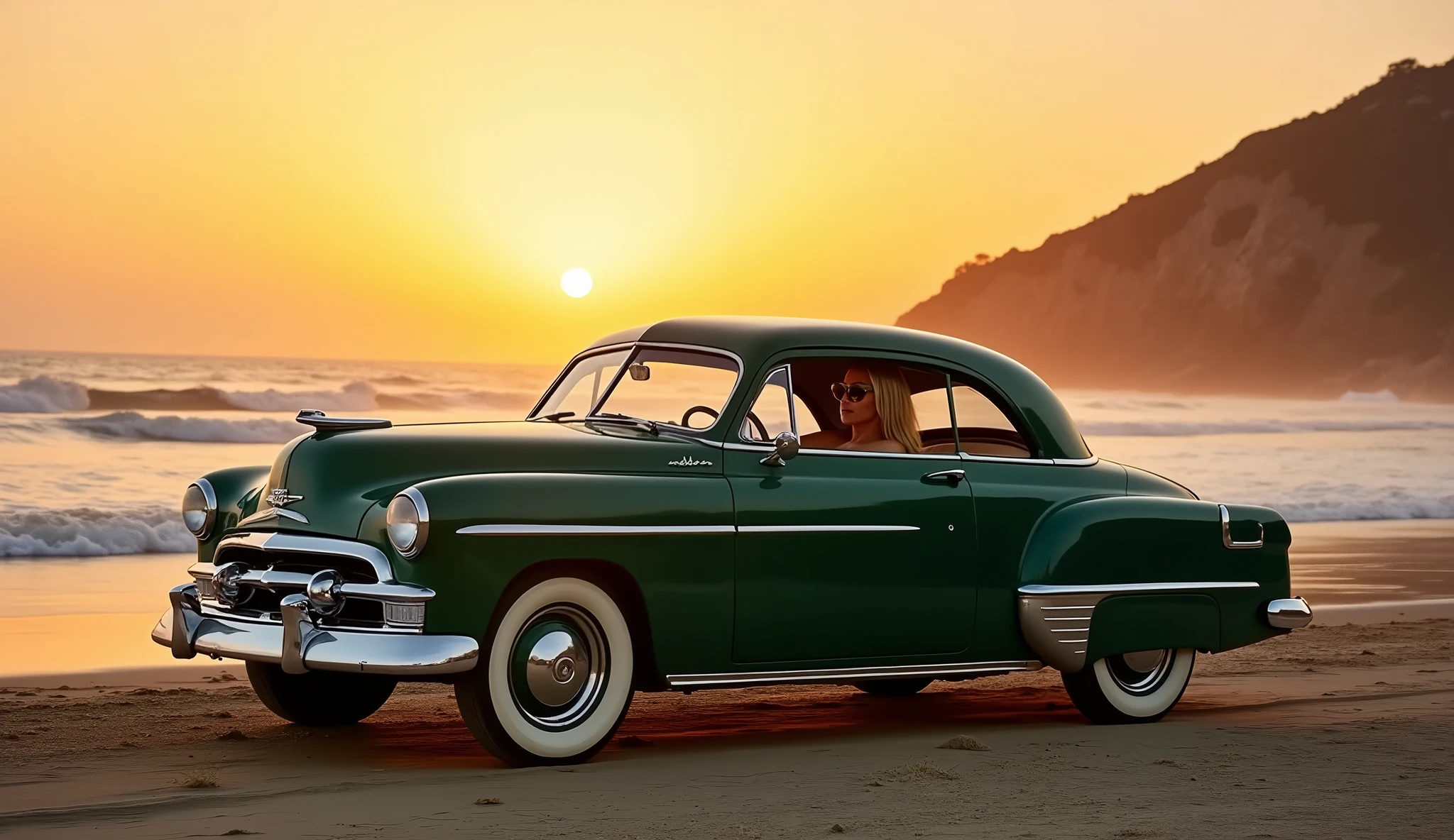 ((Realistic photos of the 1952 Dodge Kingsway Custom)),British Racing Black color、Chrome Mag Wheels, I parked my car at a surf beach on a summer day., Highest quality, Very high resolution, 8k, Topless girl with surfboard standing next to a car, (The finer details,)