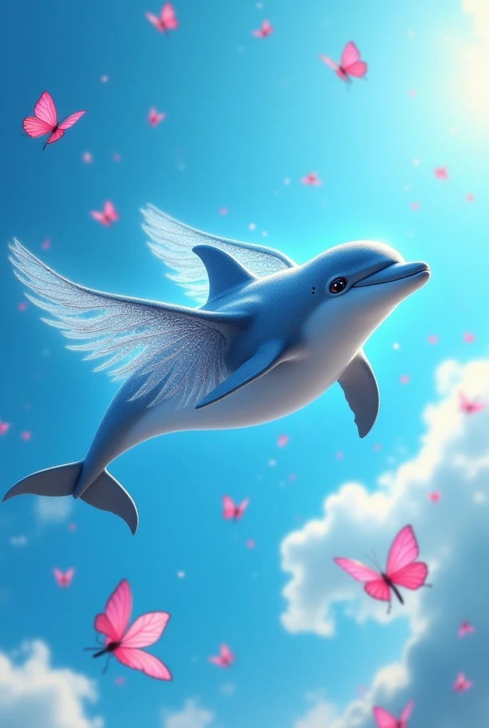 Dolphin with wings flying in blue sky with many pink butterflies