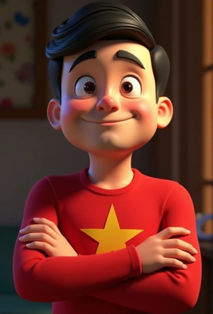 Cartoon character of a dark-haired man with very short black hair, arms crossed and a completely red shirt with a star on the chest written below TONY da SERRA 13123 below, animation character, stylized character, animation style rendering, 3d stylized, Arnold Maya rendering, Stylized 3D rendering, toon render screenshot, 3d character, 3d character, Stylized 3D rendering, 3D character rendering, cartoon character, Personagem de close up, character posing, (Pixar-style) (master part:1.2) (bokeh) (best qualityer) (skin detailed) (detailed texture) (8k) (Argilla) (cinematic lighting) (sharp focus