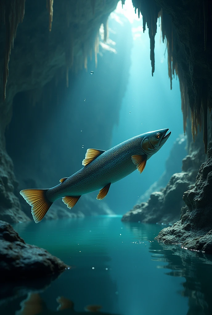 Trout fish swimming in a cave 