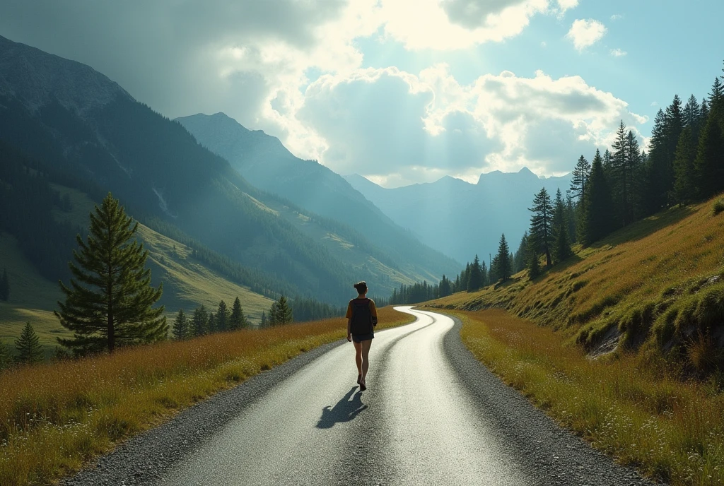 You are walking alone on a winding clear road that meanders through majestic mountains, very cheerful day. The sky, once clear, is now covered by sunlight. The wind blows with increasing force, making the trees around it moan and lean. You feel the first drops of rain touching your skin, and the air becomes heavy with the expectation of an impending storm. In this moment of loneliness and uncertainty, with nature about to unleash its fury, you remember the comforting words of Psalm 91. As you recite the verses in your mind, a sense of calm begins to spread throughout your being, contrasting with the turmoil around you.