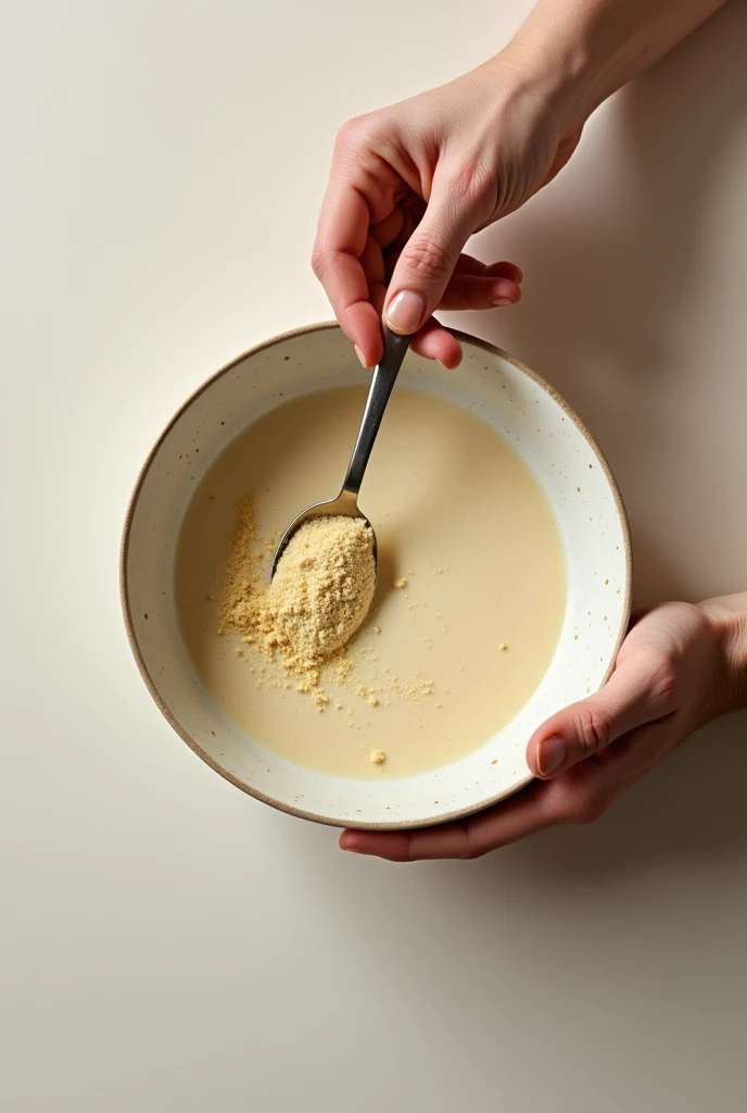 Paste of milk with ginger powder in bowl man mixing but paste will be very very less and mixing with spoon and taking pic from up but picture will be like real pic

