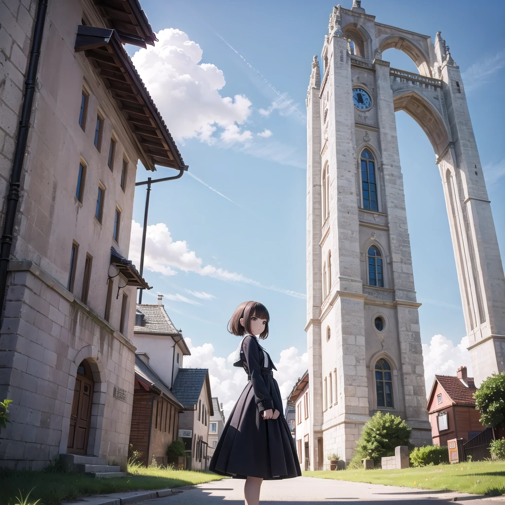 (masterpiece),  town,  blue sky,  one person&#39;s,  smile,  alone,  Sailor suit、Long skirt,  Overgrown,  petal,  plant、Skirt lining、Translucent slip、nostalgic、Black Pantyhose