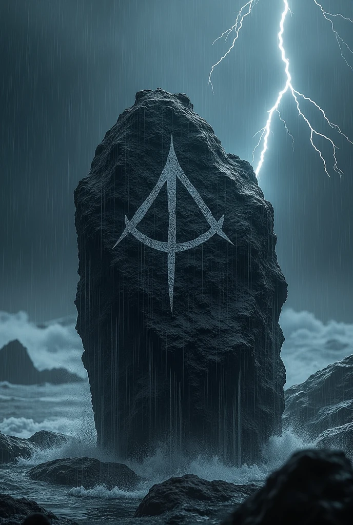 Water symbol on black rock with heavy rain and thunder weather 