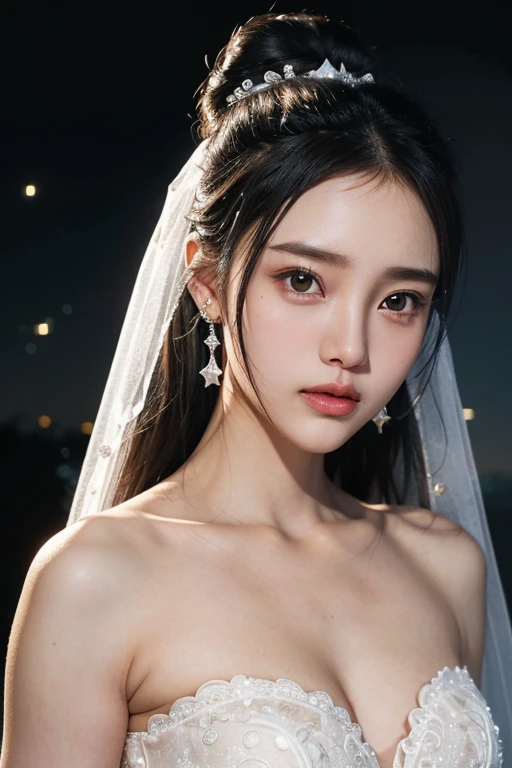 (2 Japanese beautiful girl,), (Small breasts:1.5,),(solo,,Textured skin, Detailed skin,Detailed face,Detailed eyes,detailed posing,Natural eyebrows,Sparkling Eyes,High detail, Highest quality, Super detailed, Surrealism, ,8k,RAW Photos,Photographicism,Professional Lighting,Ray Tracing,Aperture F1.2,Portrait Photography,Natural Light),(((Black Hair, Natural Makeup,Simple earrings, Bun Hair, Wedding dress,Starry Sky,Wedding Photos,milky way,Aperture f7,A composition that captures the whole body)))