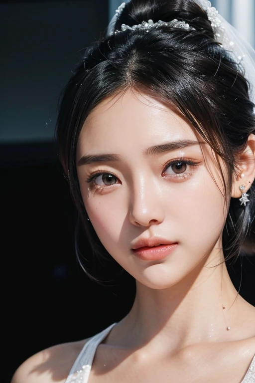 (2 Japanese beautiful girl,), (Small breasts:1.5,),(solo,,Textured skin, Detailed skin,Detailed face,Detailed eyes,detailed posing,Natural eyebrows,Sparkling Eyes,High detail, Highest quality, Super detailed, Surrealism, ,8k,RAW Photos,Photographicism,Professional Lighting,Ray Tracing,Aperture F1.2,Portrait Photography,Natural Light),(((Black Hair, Natural Makeup,Simple earrings, Bun Hair, Wedding dress,Starry Sky,Wedding Photos,milky way,Aperture f7,A composition that captures the whole body)))