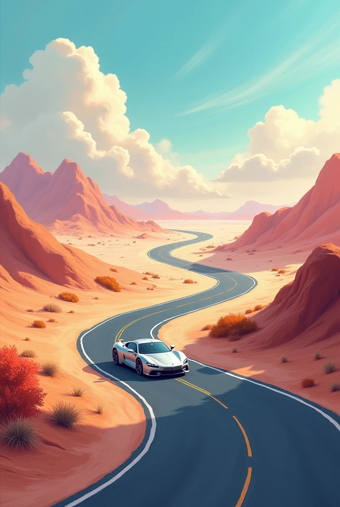 car on alone road in animation painting