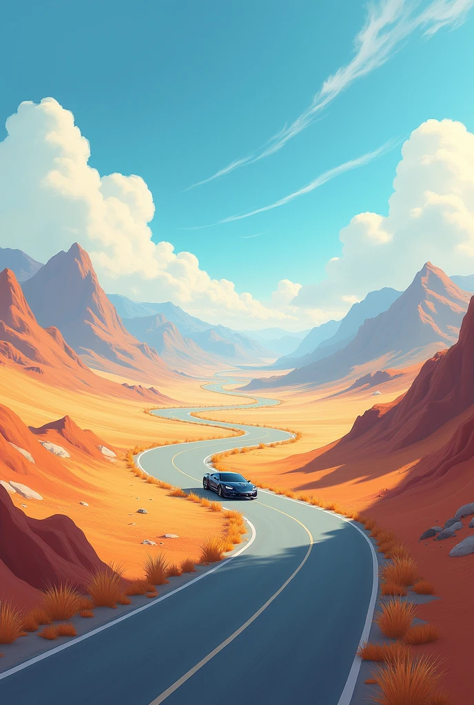 car on alone road in animation painting