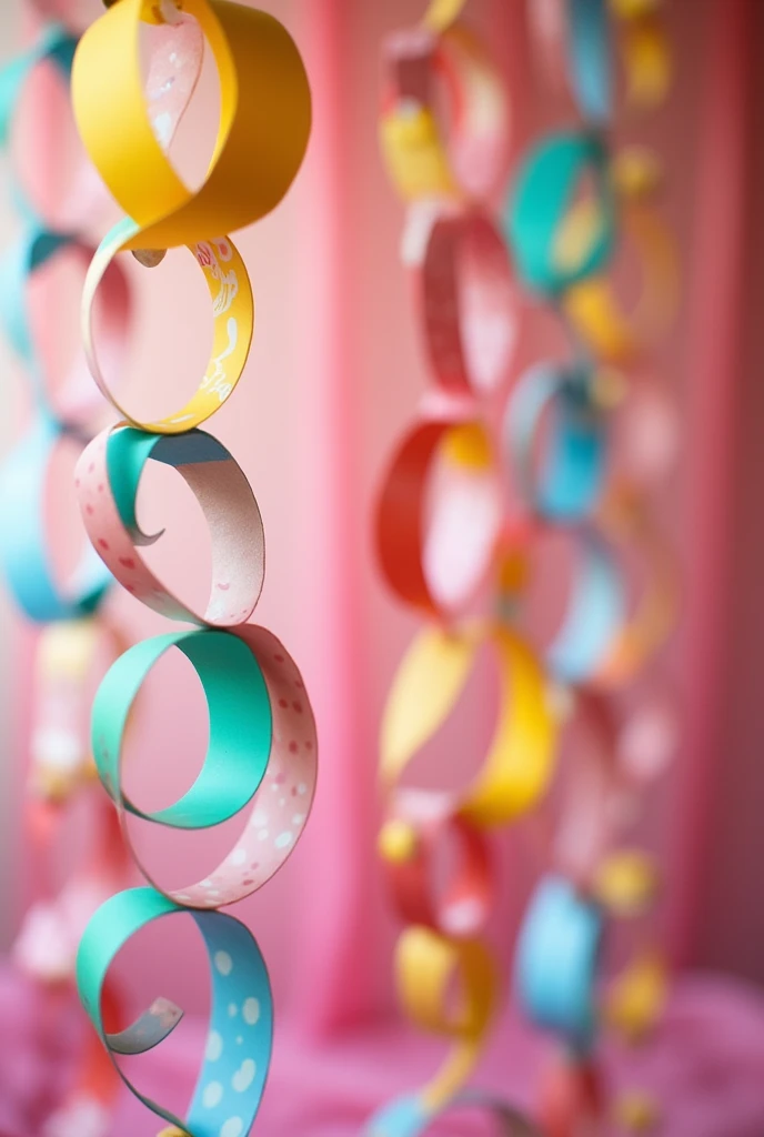 Make a chain ring by connecting beautiful colored paper in a ring.、Make lots of these and use them as garlands、Today is the birthday of a cute girl.、I would like to use the chain ring and garland I just made to decorate a wonderful birthday party.、